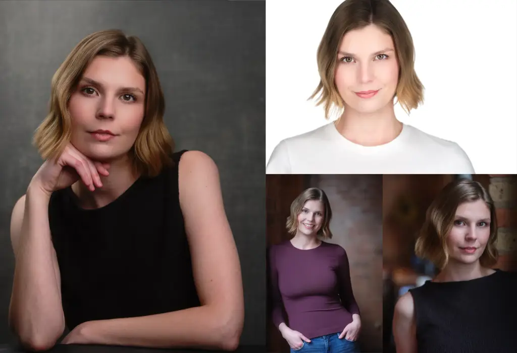 Professional actor headshot grid showcasing female talent in four versatile portrait styles with varied backgrounds and expressions