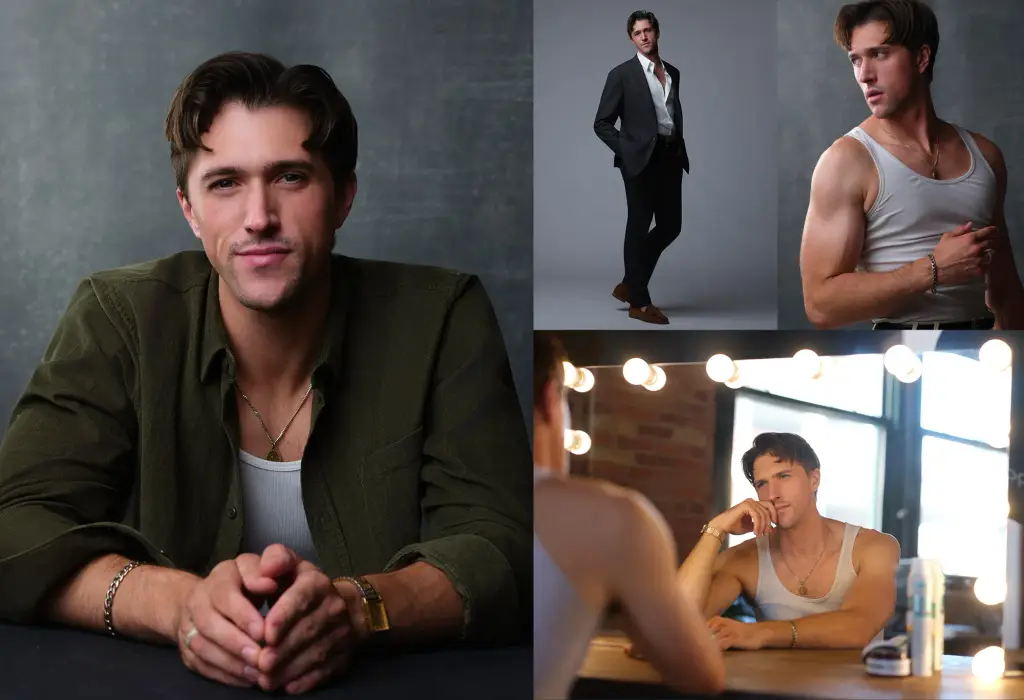 Professional actor headshot grid portfolio displaying four male headshots in varied styling and poses for casting