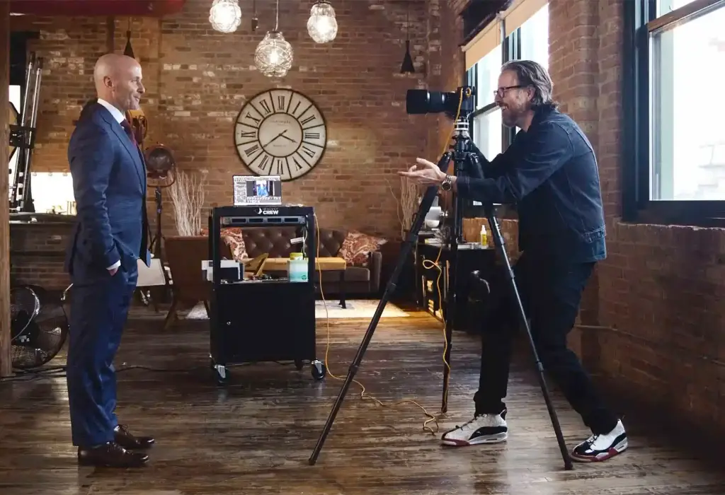 Behind the scenes of Michael Schacht photographing a professional LinkedIn headshot session in Chicago studio, 312 Elements Headshot Photography