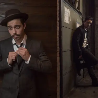 Claron Hayden cinematic dual portrait in formal attire showing fedora and profile views with dramatic noir lighting, image by Chicago, IL portrait photographer 312 Elements Headshot Photography