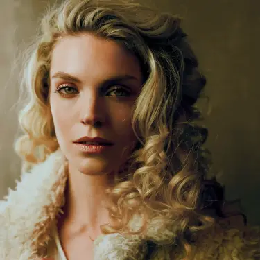 Sabrina Jurlina dramatic golden portrait with blonde wavy hair, cream feather collar, serene expression against warm amber-lit background, photo by 312 Elements Headshot Photography, Chicago, IL headshot photographer