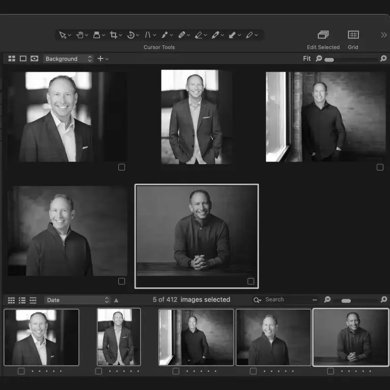 Capture One screen showing five headshots selected from 412 images at the end of a headshot session