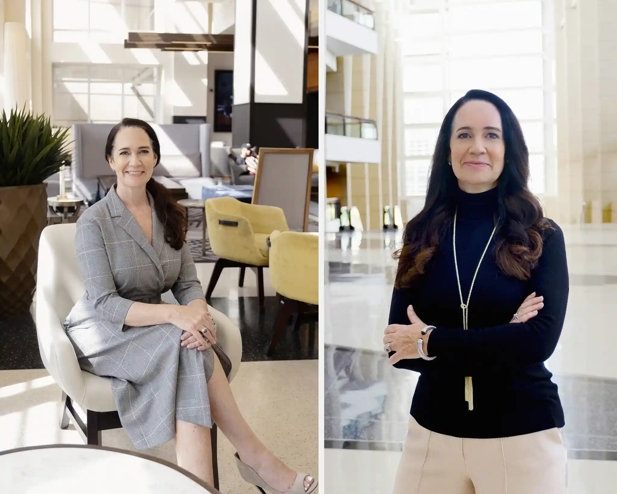 Portraits of a successful woman at McCormick Place, Chicago, highlighting her career success in both a black turtleneck and a dress, with the iconic convention center as a backdrop.