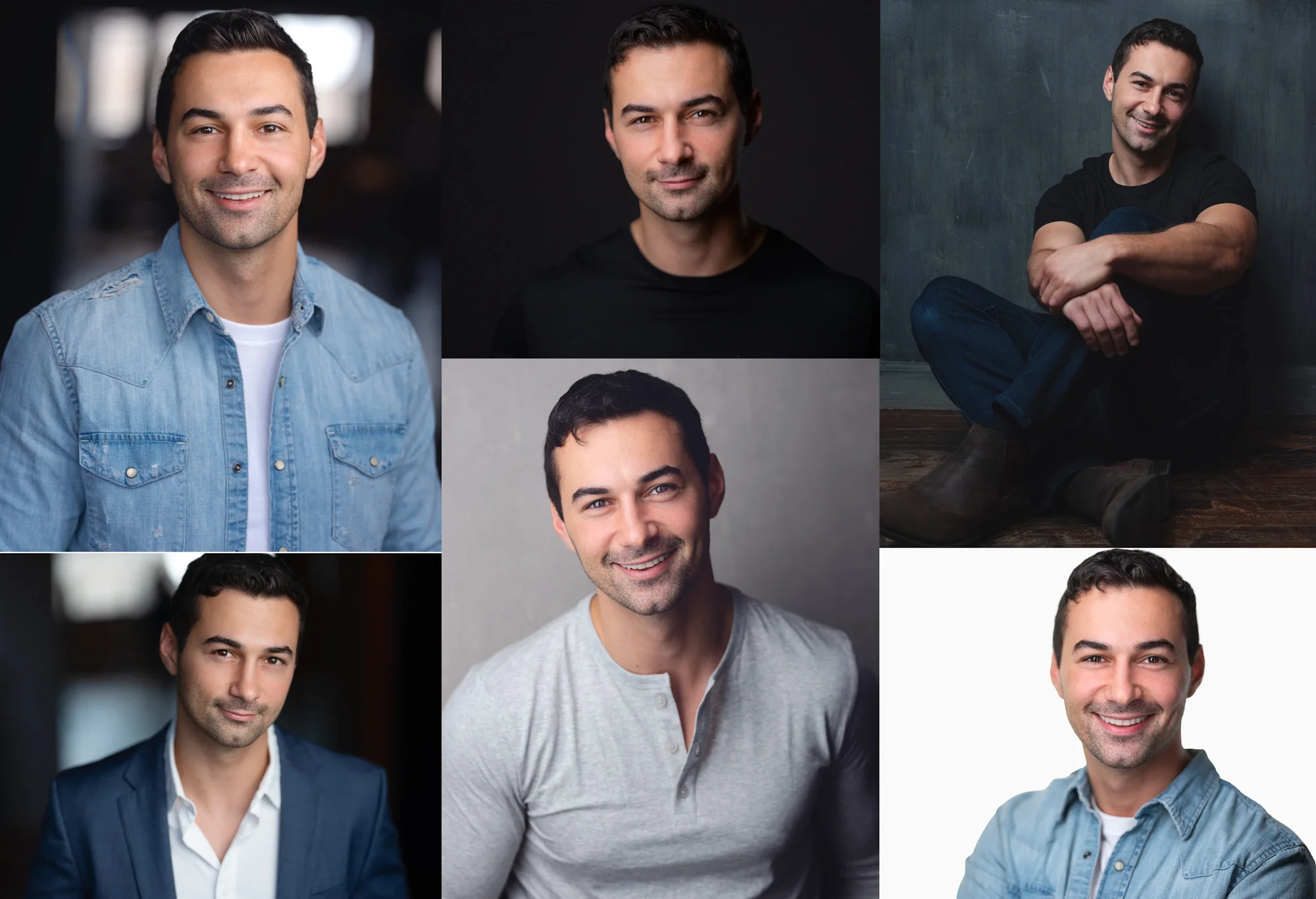 Collage of actor headshots showcasing diversity and the ability to adapt to the needs of may rolls From best friend to boy next door to leading man, he has all of the bases covered and looks great doing it.