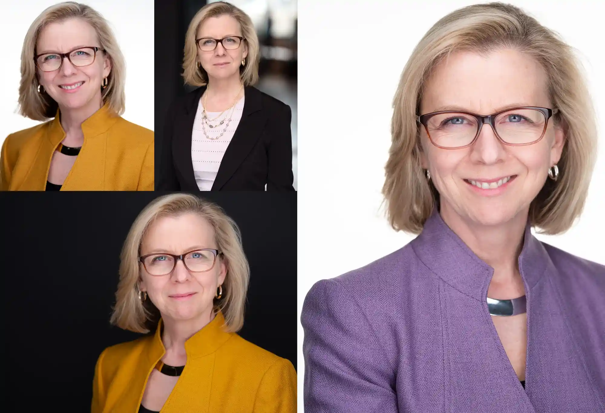 Distinguished academic at the top of her game poses for business headshots in assorted backgrounds and wardrobe showcasing her personal style while enforcing her personal brand.