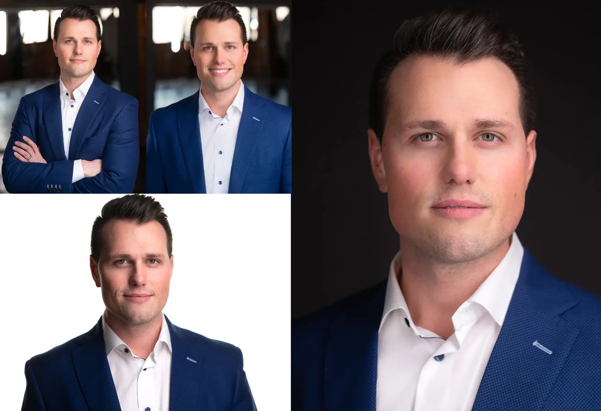 A finance executive dressed in a blue suit with a white button-down shirt smiles warmly in a corporate headshot, reflecting a polished and professional image.