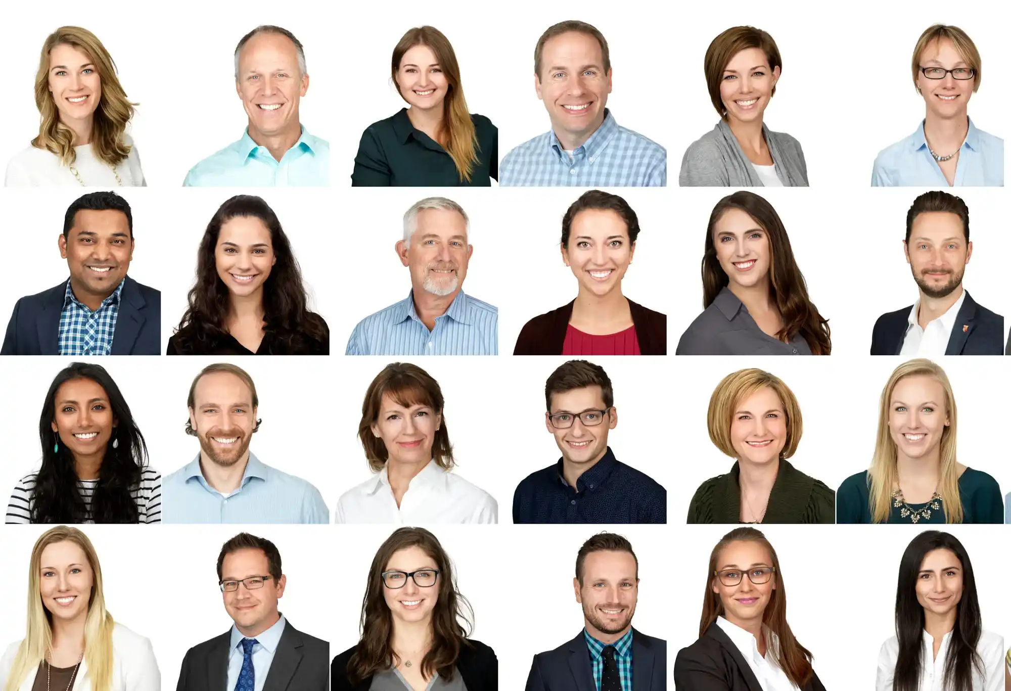 A vibrant collection of group headshots showcasing individuals of various ages, ethnicities, and backgrounds, reflecting a diverse corporate environment.