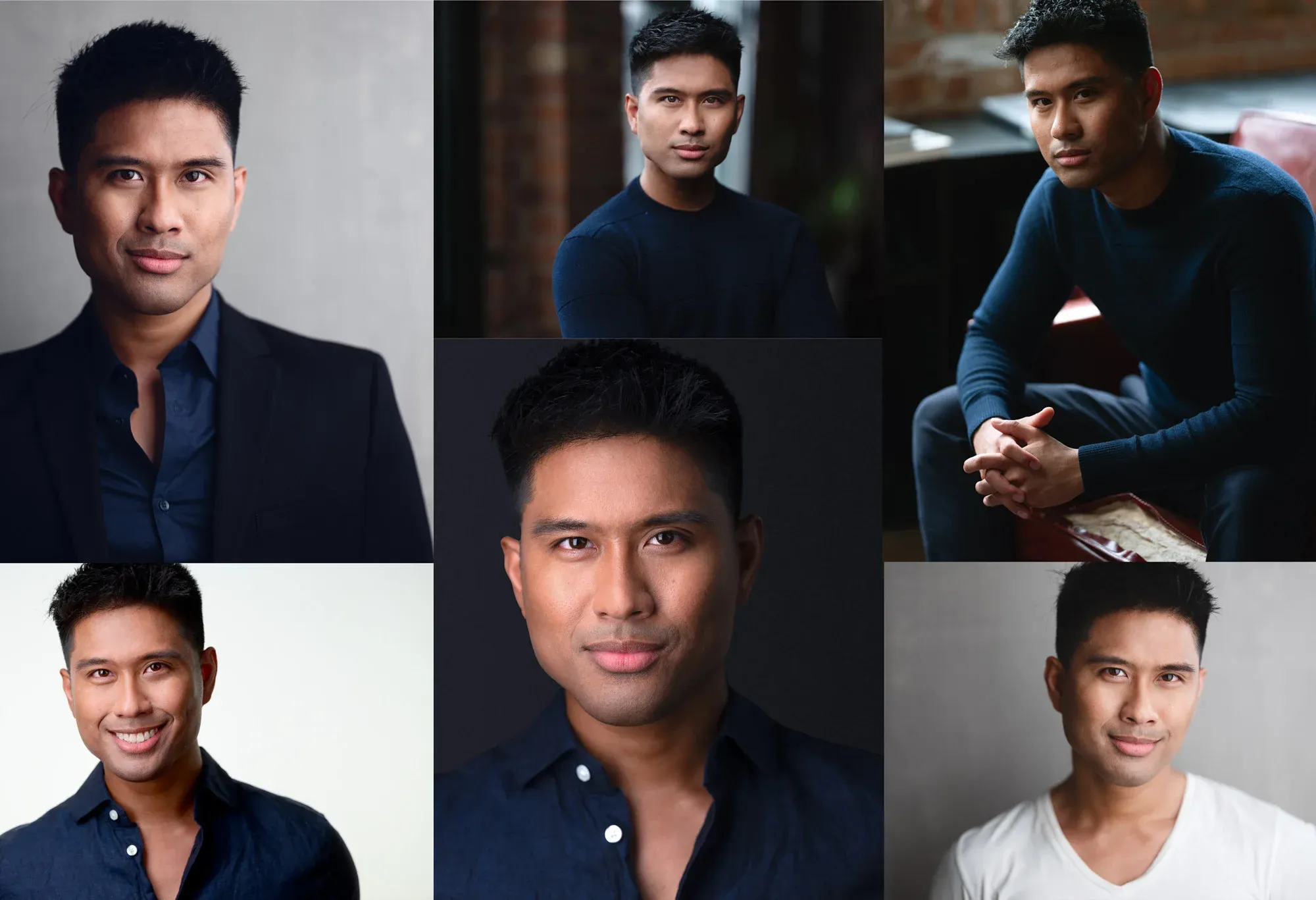 Collage of handsome Filipino male model in different poses and outfits, demonstrating range of headshot styles for men