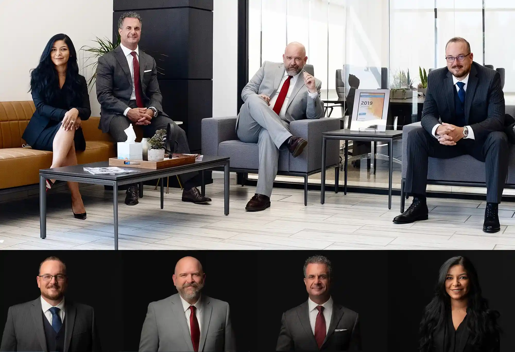 Branding headshot session for Chicagoland law firm. All of the attorneys were photographed on a black background and then there's also a group shot of them posed in their swanky office lobby.