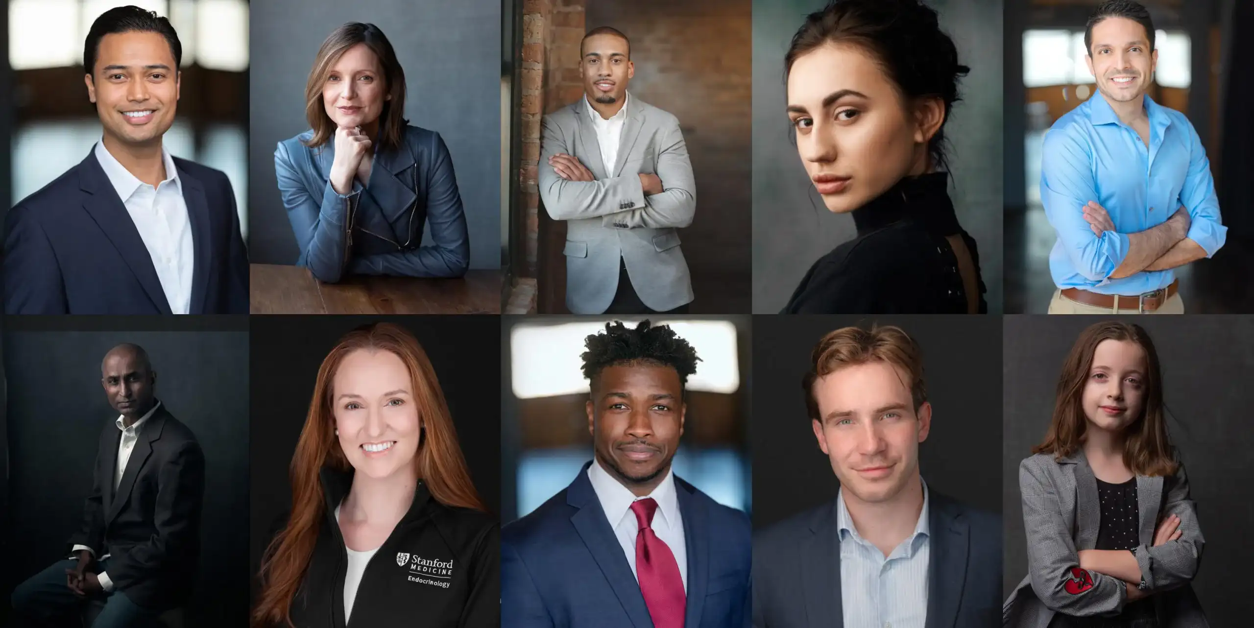 Colorful collage of headshots featuring actors and business professionals in different styles, illustrating the versatility of personal branding and professional presentation