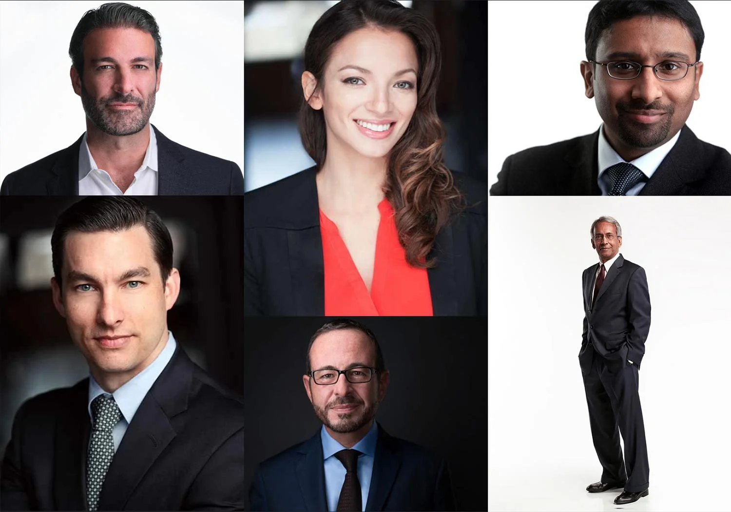 Collage of professional business headshots featuring smiling individuals in corporate attire, showcasing the work of a Chicago-based headshot photographer.